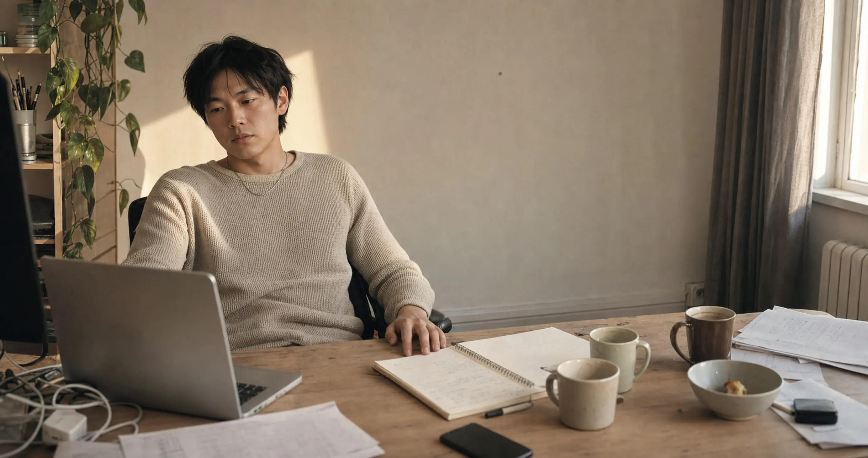Someone part-way through a job application at a cluttered desk in the late afternoon, looking tired rather than distressed.